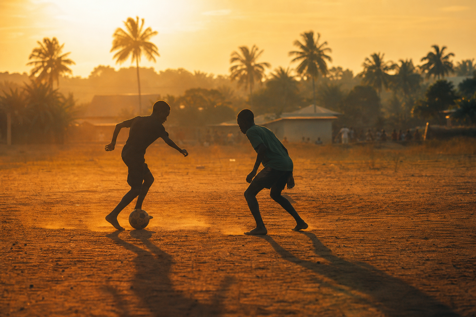 Young West African players in silhouette on a dirt pitch at sunset