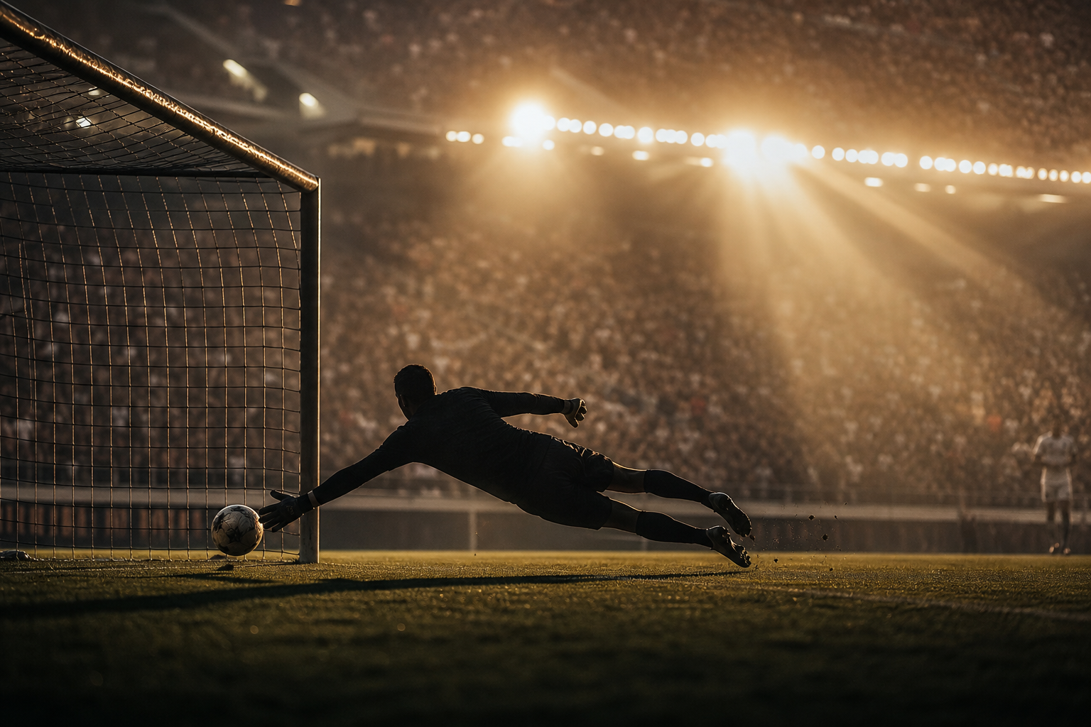 夕日に照らされたスタジアムでセーブする GK のシルエット