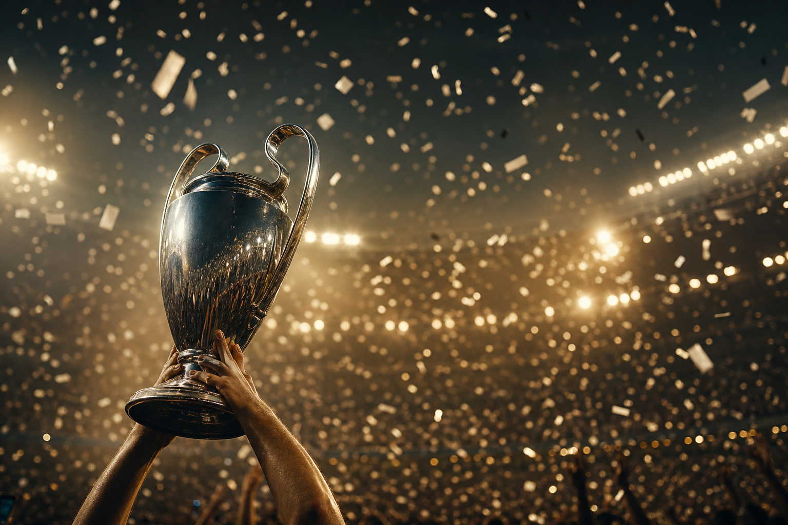 A European silver trophy held aloft amid confetti and stadium lights