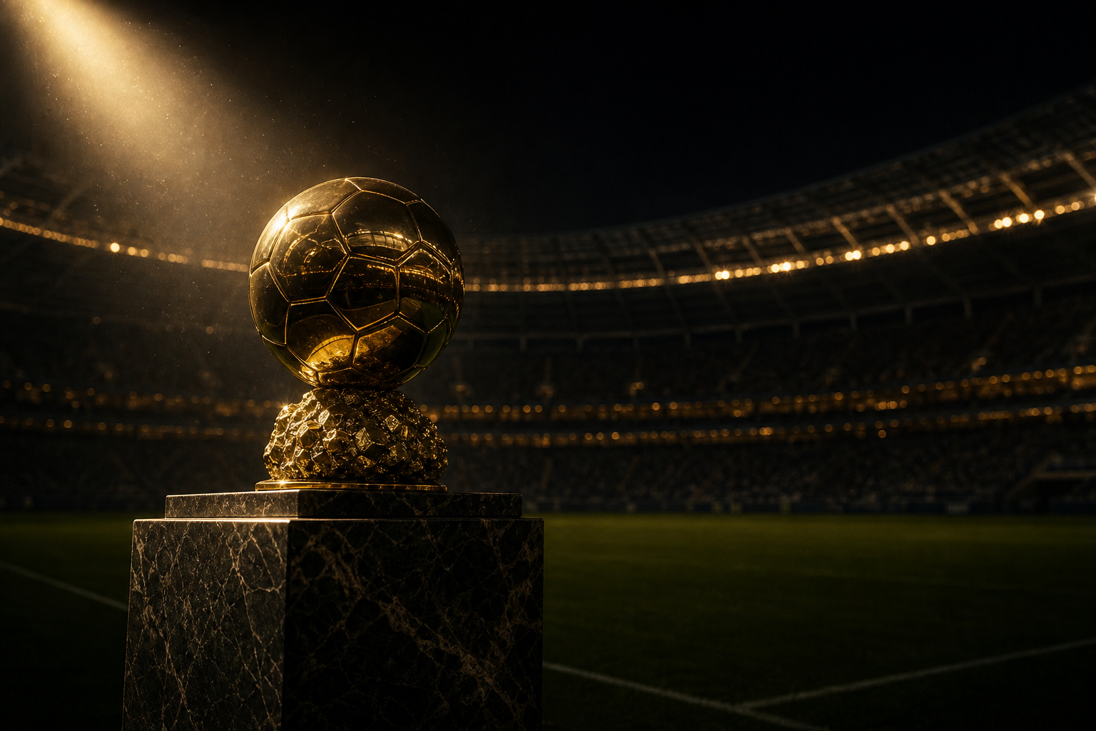 A golden trophy spotlit on a pedestal in an empty stadium