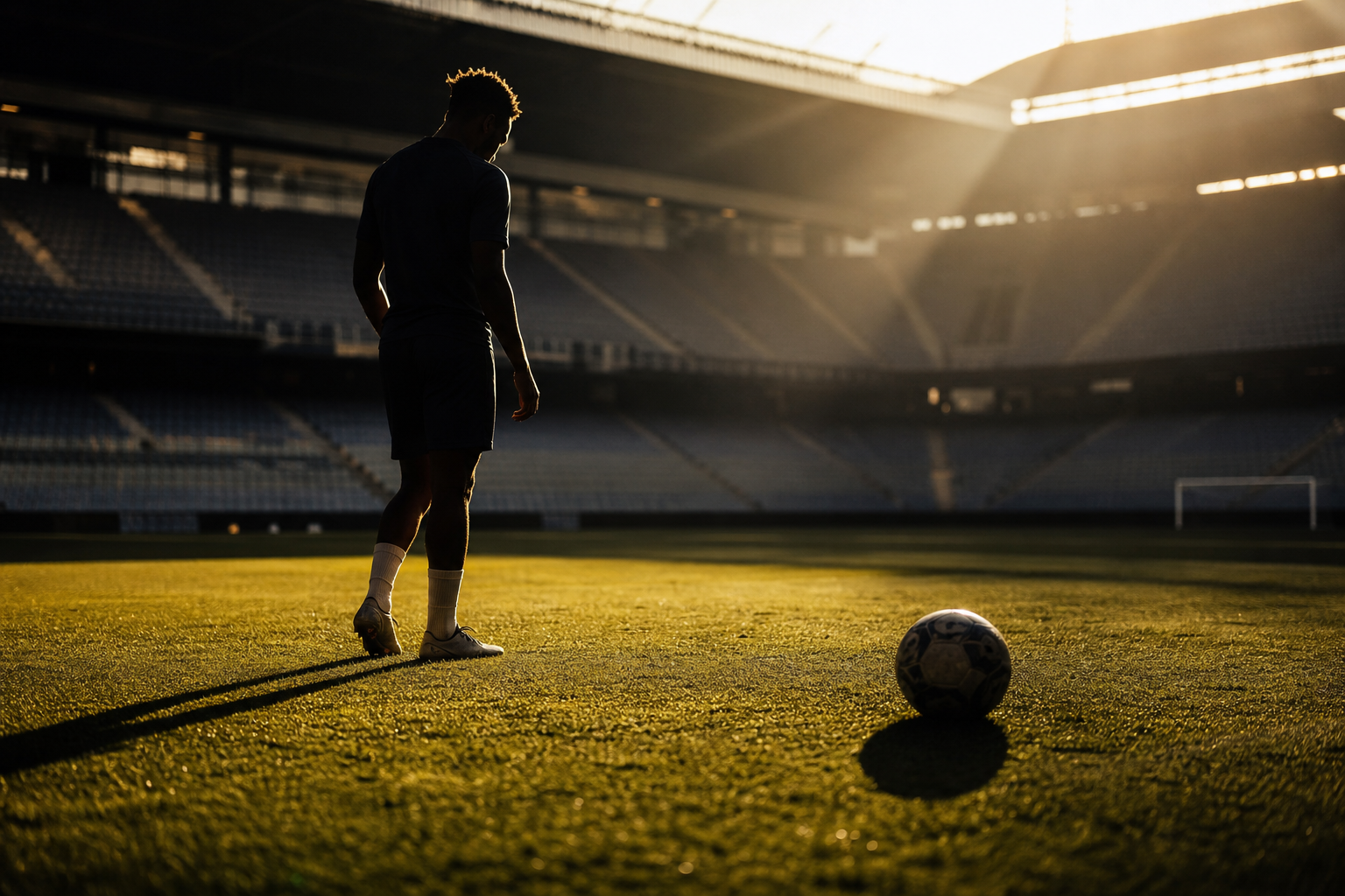 A young footballer's silhouette warming up at sunset