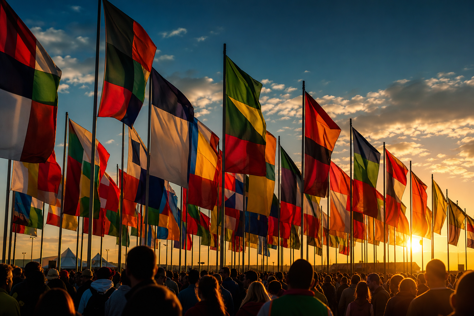 A wall of colourful flags fluttering in the wind at sunset