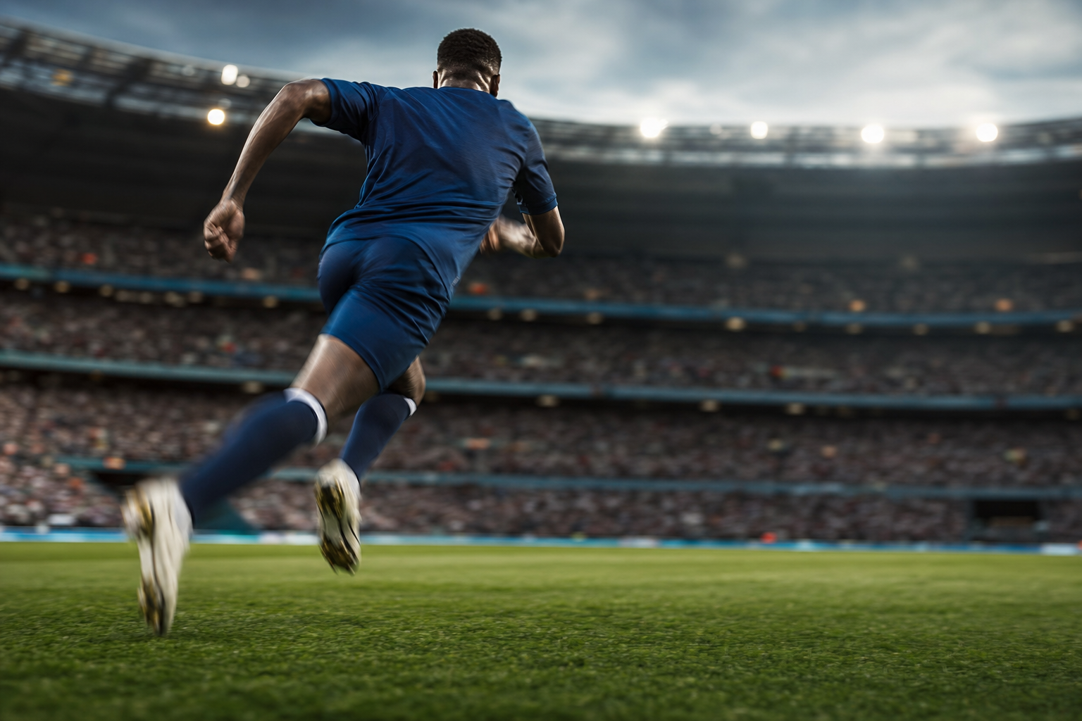 An anonymous footballer sprinting at full speed, captured from behind, in a packed stadium